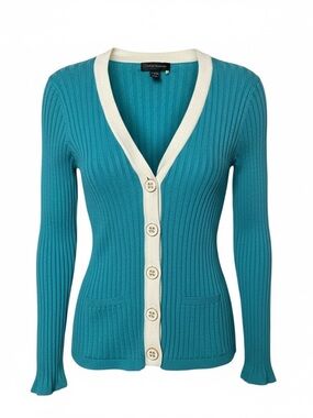 Cable & Gauge Teal and Cream Ribbed Cardigan